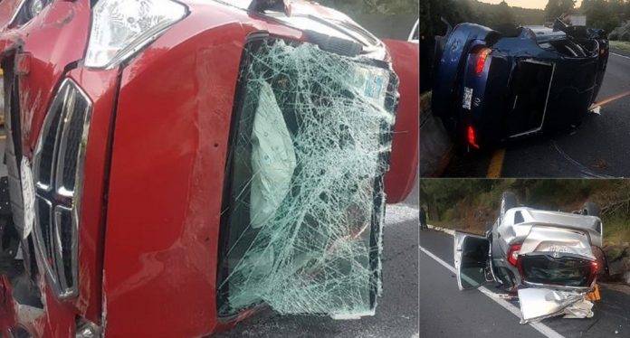 Carambola en carretera deja tres autos volcados y una persona muerta