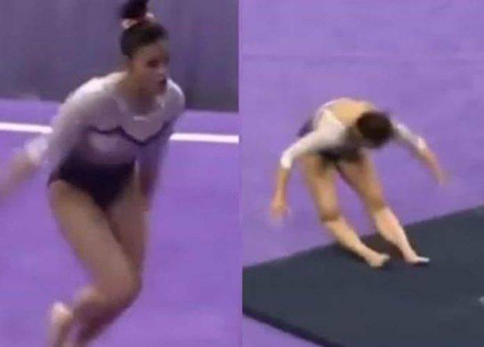 Samantha Cerio se encontraba haciendo un ejercicio de suelo cuando al intentar aterrizar en una colchoneta cayó mal y se fracturó las dos rodillas.