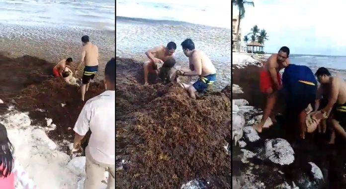 Extranjera ebria se mete al mar lleno de sargazo y casi muere ahogada (Video)
