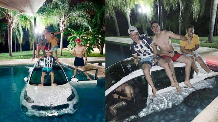 Como cuando la fiesta se sale de control: camioneta termina dentro de una piscina