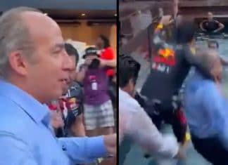 “Checo” Pérez celebra su triunfo tirándose a una piscina con Felipe Calderón (videos)